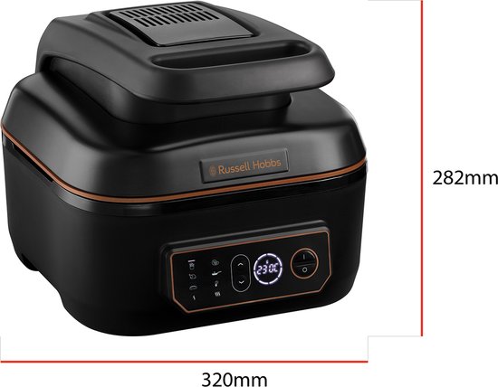 Zwarte Russell Hobbs multicooker met afmetingen 320mm x 282mm en een digitaal display.