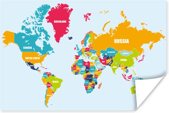 Affiche - Wereldkaart - Couleurs - Lettres - 30x20 cm