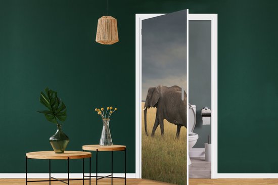 Deurposter 80x205 cm - Deursticker Olifant - Savanne - Dieren - Natuur - Meubelfolie zelfklevend - Deurfolie woonkamer - Interieurfolie fotobehang - Deur plakfolie - Deurstickers - Deurbehang sticker - Kamer decoratie
