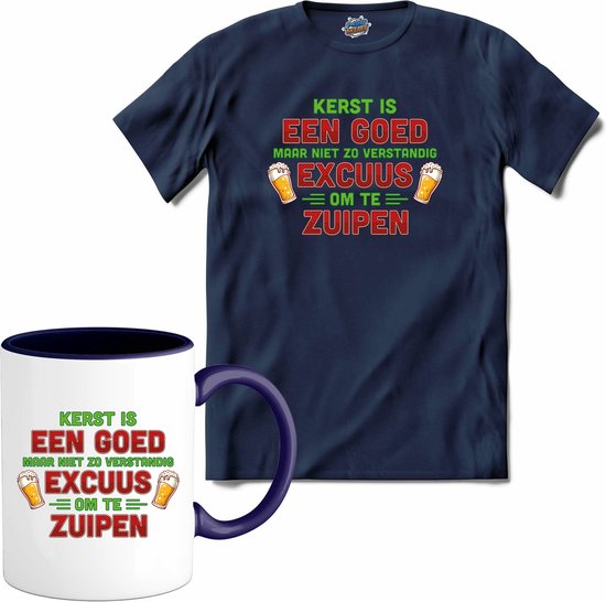 Kerst een goed excuus om te zuipen - foute bier kersttrui - T-Shirt met mok - Meisjes - Navy Blue - Maat 12 jaar