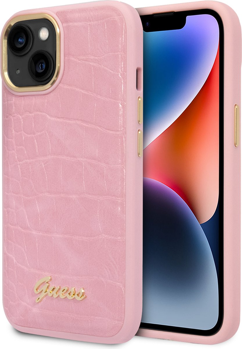 Guess iPhone 14 Plus Back Cover Telefoonhoesje van PU Leer - Roze - Bescherm je Telefoon