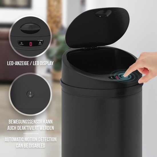 Juskys Vuilnisemmer keuken met bewegingssensor zwart 50 l - ronde afvalemmer voor contactloos verwijderen met klemring voor vuilniszakken - roestvrij staal