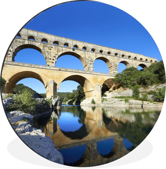 WallCircle - Wandcirkel - Muurcirkel - Helder blauwe hemel boven Pont du Gard in Frankrijk - Aluminium - Dibond - ⌀ 60 cm - Binnen en Buiten
