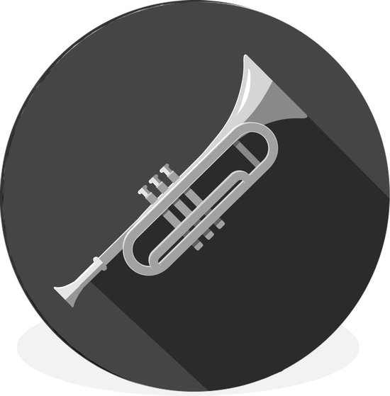 WallCircle - Wandcirkel - Muurcirkel - Illustratie van een trompet op een grijze achtergrond - zwart wit - Aluminium - Dibond - ⌀ 60 cm - Binnen en Buiten