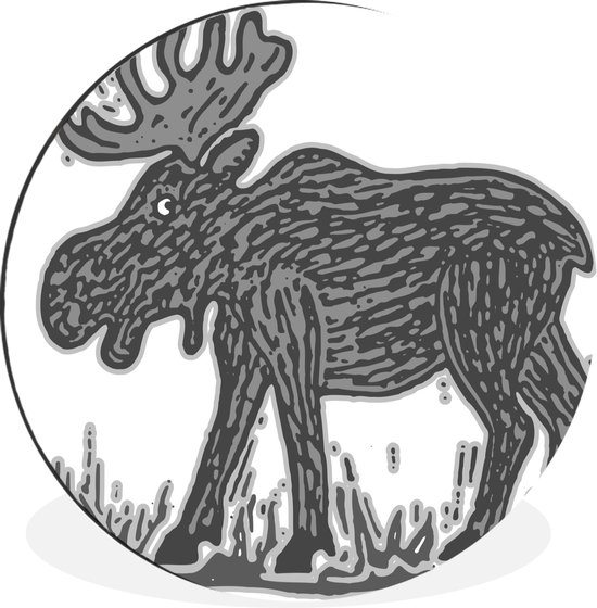 WallCircle - Wandcirkel - Muurcirkel - Een illustratie van een eland in het water met en witte achtergrond - zwart wit - Aluminium - Dibond - ⌀ 120 cm - Binnen en Buiten XXL