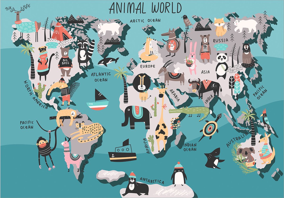 Fotobehangkoning - Behang - Vliesbehang - Fotobehang Dieren Wereldkaart - Kinderbehang Animal Map - 200 x 140 cm