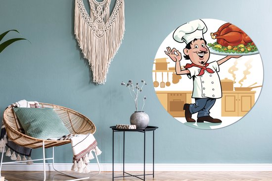 Une illustration d'un cuisinier avec un morceau de viande Cercle mural aluminium ⌀ 120 cm - tirage photo sur cercle mural / cercle vivant / cercle jardin (décoration murale) XXL / Groot format!