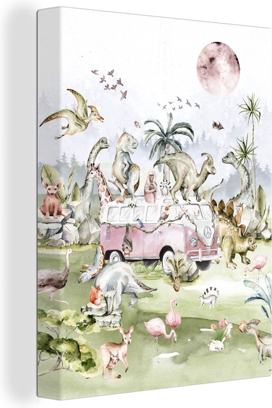 Canvas - Kinderkamer - Kinderen - Dinosaurus - Dieren - Bus - Auto - Paars - Canvas doek - Canvas schilderij - 60x80 cm