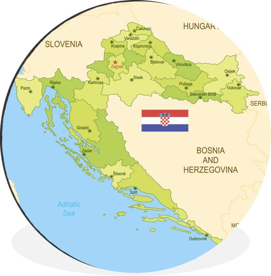WallCircle - Wandcirkel - Muurcirkel - Kaart van Kroatië met de vlag - Aluminium - Dibond - ⌀ 90 cm - Binnen en Buiten