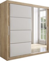 InspireMe - Kledingkast met 2 schuifdeuren, Modern-stijl, Kledingkast met planken, Kastfronten met spiegel en gestoffeerde panelen (BxHxD): 200x200x62 - TAPILA 200 - Sonoma Eik + Wit