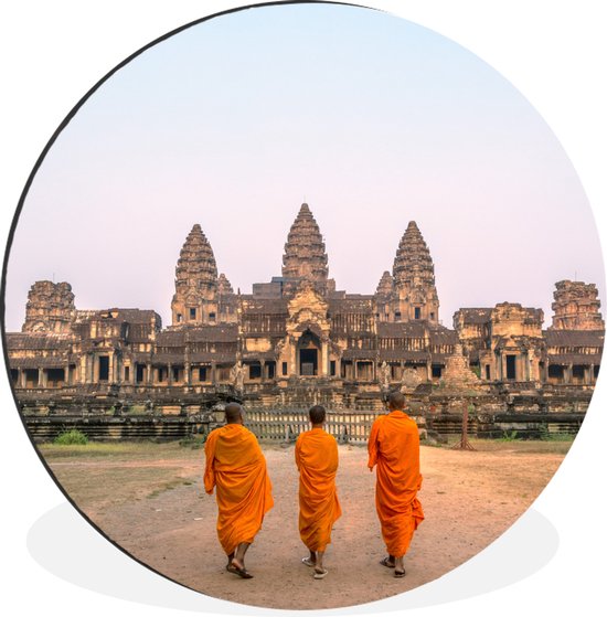 WallCircle - Wandcirkel - Muurcirkel - Drie monniken lopen richtig Angkor Wat - Aluminium - Dibond - 90x90 cm - Binnen en Buiten