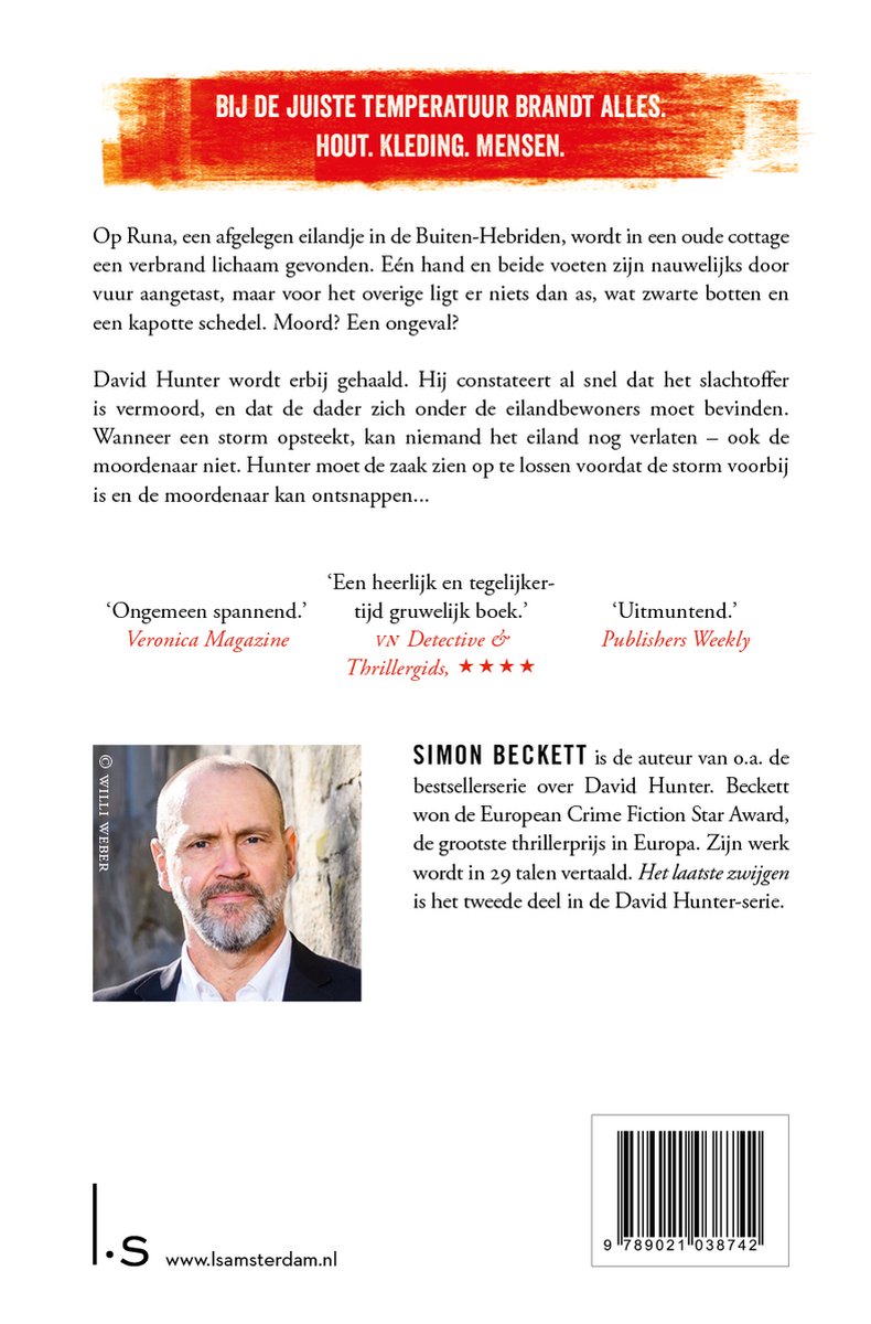 Portret van de auteur Simon Beckett met op de achtergrond een recensie van zijn boek.