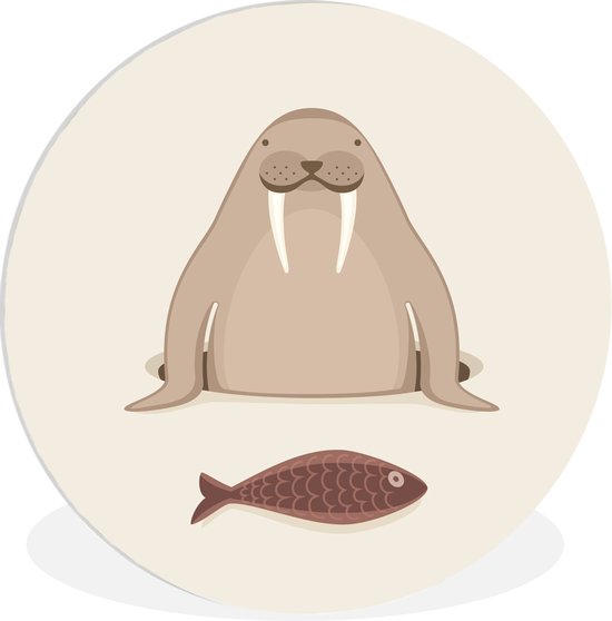 WallCircle - Wandcirkel ⌀ 140 - Een illustratie van een walrus met een vis - Ronde schilderijen woonkamer - Wandbord rond - Muurdecoratie cirkel - Kamer decoratie binnen - Wanddecoratie muurcirkel - Woonaccessoires