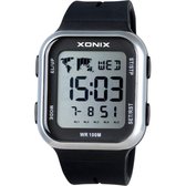 Xonix DAP-004 - Horloge - Digitaal - Unisex - Rechthoek - Siliconen band - ABS - Cijfers - Achtergrondverlichting - Alarm - Start-Stop - Chronograaf - Tweede tijdzone - Waterdicht - 10 ATM - Zwart - Zilverkleurig
