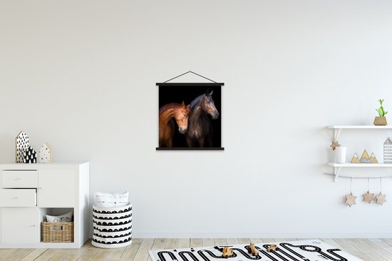 Porte-affiche avec affiche - Affiche scolaire - Paarden - Animaux - Portrait - Marron - 40x40 cm - Lattes noires