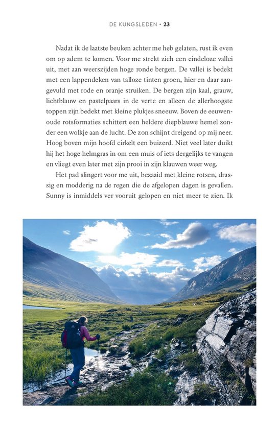Illustratie van een vrouw met een rugzak die wandelt door een berglandschap met een meer en besneeuwde bergtoppen.