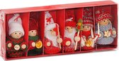 BRUBAKER 6-delige Set Kerstkabouters van Hout en Touw - Boomhanger Kersthanger - 8 cm in Geschenkdoosje Rood