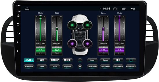 DSP-instellingen met equalizer, gebruikersprofielen, en audio-opties zoals DTS, Dolby, SRS.