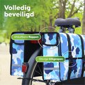 Detail van de afneembare flappen en stevige klikgespen van een blauwe camouflage fietstas.