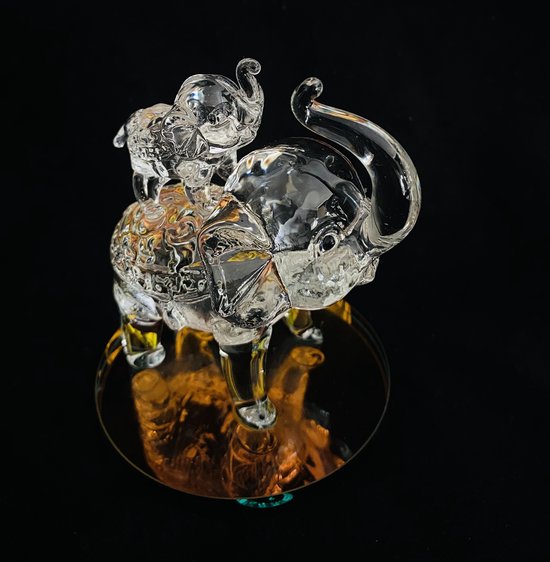 Artisanat en cristal de verre mère et bébé éléphants sur miroir rond coloré 7,5x7,5x9,5cm