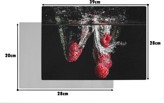 Glazen Snijplank - 39x28 - Frambozen - Fruit - Stilleven - Water - Zwart - Rood - Snijplanken Glas