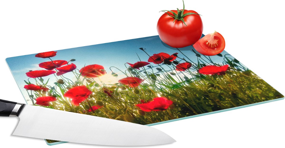 Glazen Snijplank - 28x20 - Klaprozen - Toscane - Zon - Rood - Blauw - Snijplanken Glas