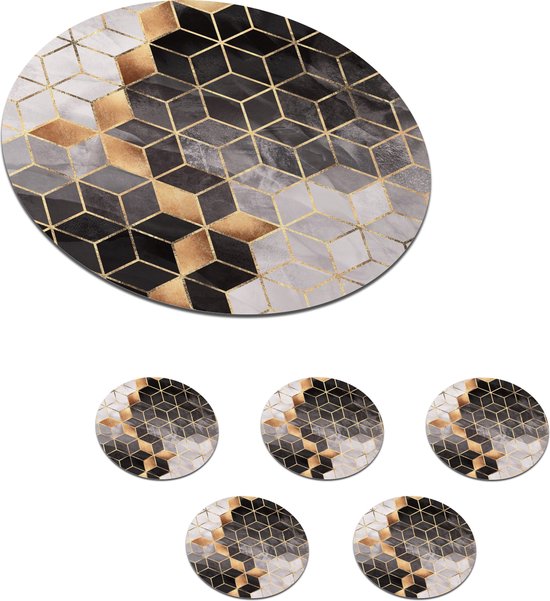 Onderzetters voor glazen - Rond - Abstract - Kubus - Goud - Patronen - Zwart - Wit - 10x10 cm - Glasonderzetters - 6 stuks