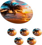 Onderzetters voor glazen - Rond - Palm - Zonsondergang - Horizon - Strand - Zee - Tropisch - 10x10 cm - Glasonderzetters - 6 stuks