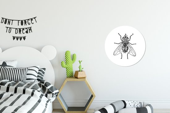 WallCircle - Wandcirkel - Muurcirkel - Vlieg - Dieren - Vintage - Zwart wit - Aluminium - Dibond - ⌀ 30 cm - Binnen en Buiten