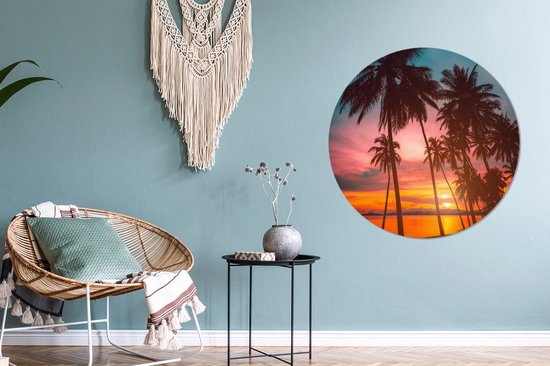 WallCircle - Cercle Mural - Cercle Mural - Mer - Palmier - Coucher de Soleil - Plage - Silhouette - Aluminium - Dibond - 90x90 cm - Intérieur et Extérieur