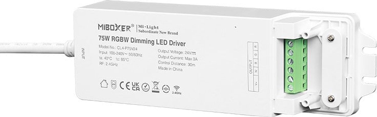 Mi-Light Mi-Boxer - (CL4-P75V24) - RGBW 24V 75W LED controller met interne voeding (Standaard) - Voor besturing van een RGBW LED strip - Bediening met Mi-boxer afstandsbediening