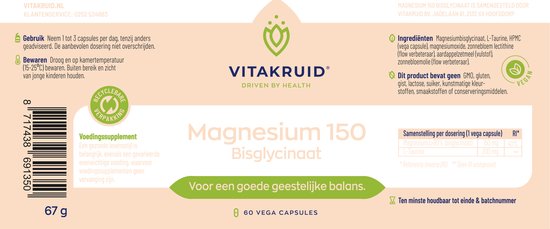 Label van Vitakruid Magnesium 150 Bisglycinaat (60 vegan capsules).