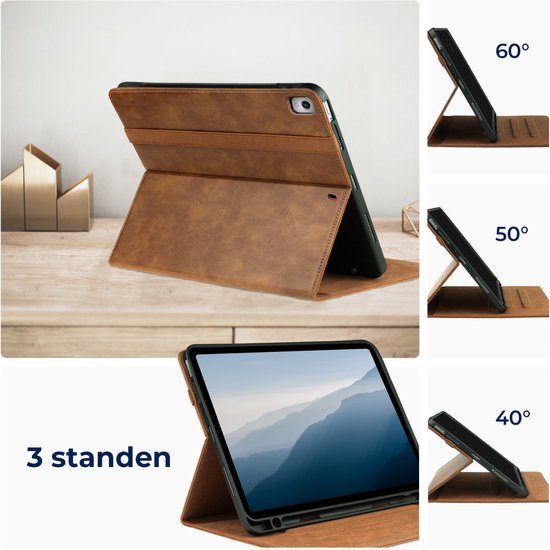 Bruine tablethoes voor iPad Pro 11, met 3 kijkhoeken: 60, 50 en 40 graden.