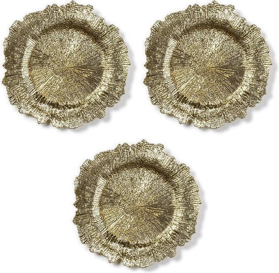 3x Ronde gouden kaarsenplateaus/kaarsenborden asymmetrisch 33 cm - onderborden / kaarsenborden / onderzet borden voor kaarsen