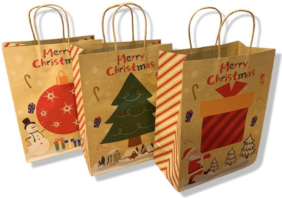Trois sacs de Noël marron avec motifs de Noël : boule, sapin et boîte cadeau. Texte "Merry Christmas" et rayures rouges/blanches.