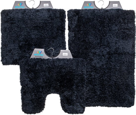 Wicotex-Badmat-set-Badmat-Toiletmat-Bidetmat Pure zwart-Antislip onderkant-WC mat-met uitsparing