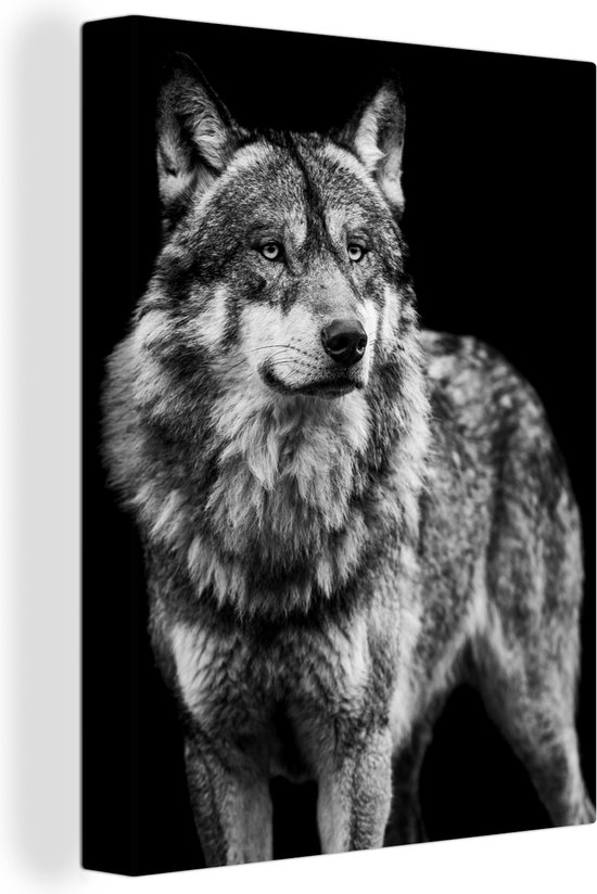 Canvas schilderij - Wilde dieren - Wolf - Zwart - Wit - Canvasdoek - 30x40 cm - Foto op canvas - Woondecoratie