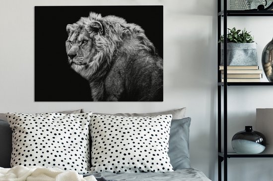 Tableau sur toile - Animaux sauvages - Lion - Zwart - Wit - Décoration murale - Toile - 80x60 cm - Toile canvas - Salon