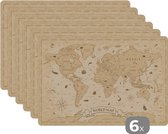 Placemat kinderen - Placemat - Placemats kunststof - Wereldkaart - Retro - Dieren - 45x30 cm - 6 stuks - Hittebestendig - Anti-Slip - Onderlegger - Afneembaar