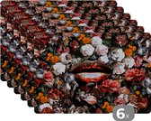 Placemat - Placemats kunststof - Lippen - Bloemen - Verf - Oranje - Kunst - Abstract - Oude meesters - 45x30 cm - 6 stuks - Hittebestendig - Anti-Slip - Onderlegger - Afneembaar