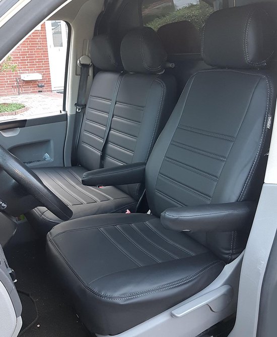 Premium stoelhoezen voor Volkswagen Crafter 2, Man TGE, 1 2, drie stoelen, bestelwagens, bus, op maat gestikte pasvorm, eco-leer en polyester, zwart