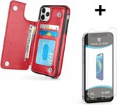 ShieldCase Wallet case geschikt voor Apple iPhone 12 / 12 Pro - 6.1 inch - ruimte voor pasjes - pasjeshouder - portemonnee - rood + glazen Screen Protector