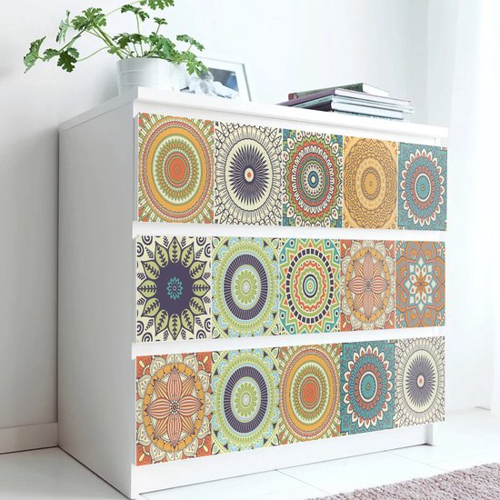 Ulticool Décoration Stickers carrelages - Mandala Soleil Bloem Oranje Vert Blauw - Cuisine cm - 15 pièces