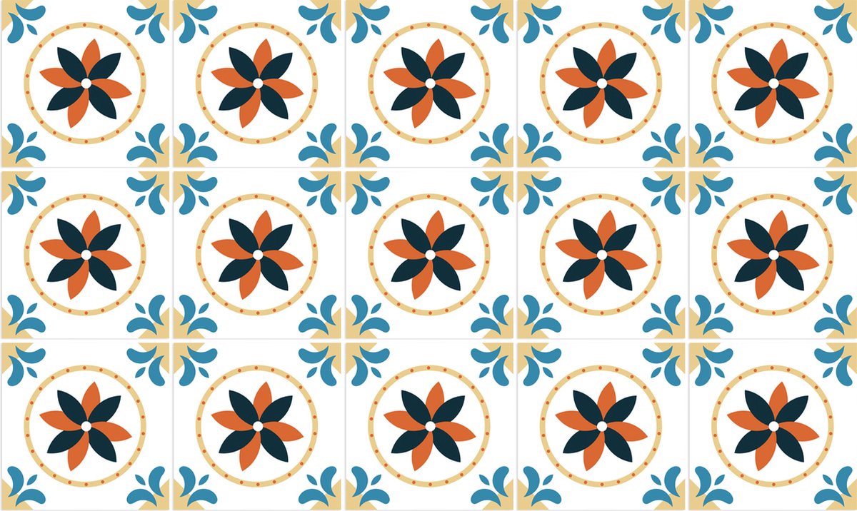 Plaktegels - Zelfklevende Tegels - 15x15 cm - Ulticool - Bloem Zwart Oranje Blauw Beige Wit - 15 stuks - Decoratie Sticker Tegels - Plakfolie Tegelstickers - Achterwand voor de Muur Badkamer - Keukenwand Keuken - Sticktiles