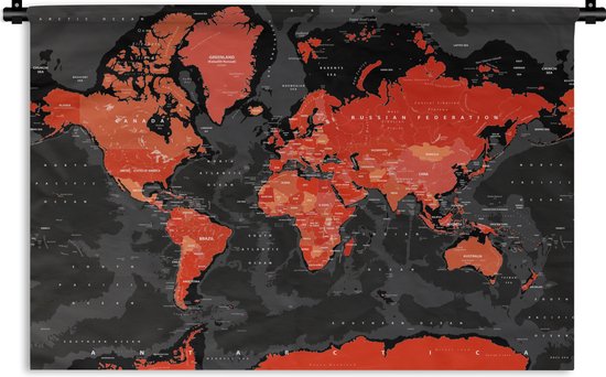 Wandkleed Eigen Wereldkaarten - Wereldkaart rood zwart Wandkleed katoen 90x60 cm - Wandtapijt met foto