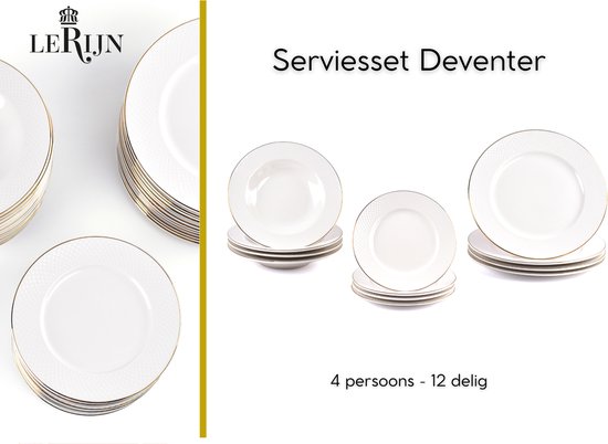 LeRijn® Serviesset Deventer 4 persoons - 12 delig - Licht crème wit met gouden rand en motief - Dinerborden - Soepborden - Dessertborden - Borden servies - Bordenset