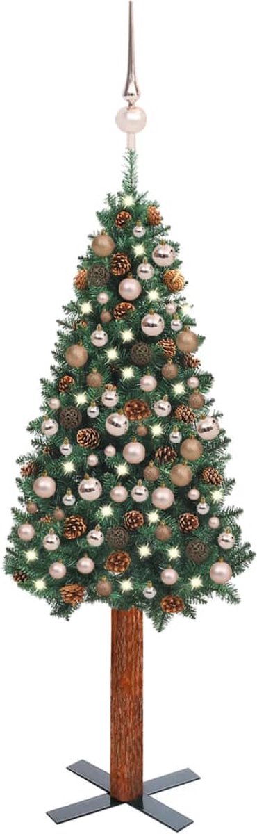 Prolenta Premium - Kunstkerstboom met LED's en kerstballen smal 210 cm PVC groen