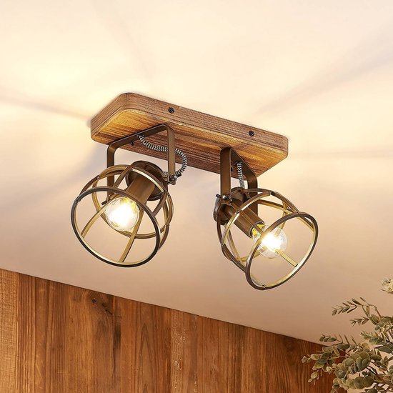 Lindby - plafondlamp hout - 2 lichts - metaal, hout - H: 20 cm - E14 - zwart, bruin