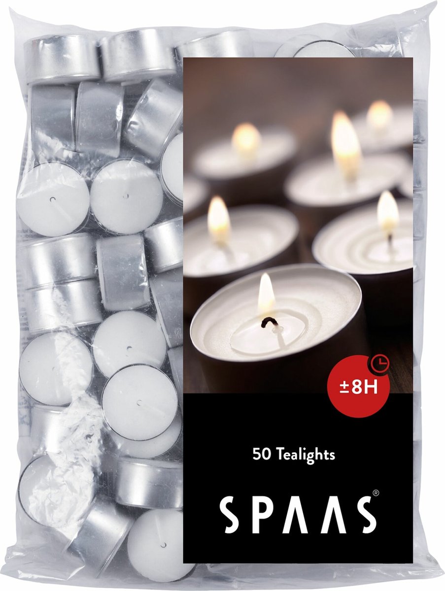 SPAAS Theelichtjes - 8 branduren - set van 50 stuks Wit.