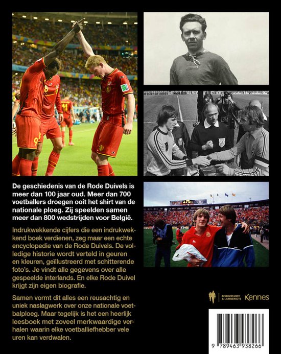 Achterkant van een boek met foto's van het Belgische voetbalelftal, de Rode Duivels.